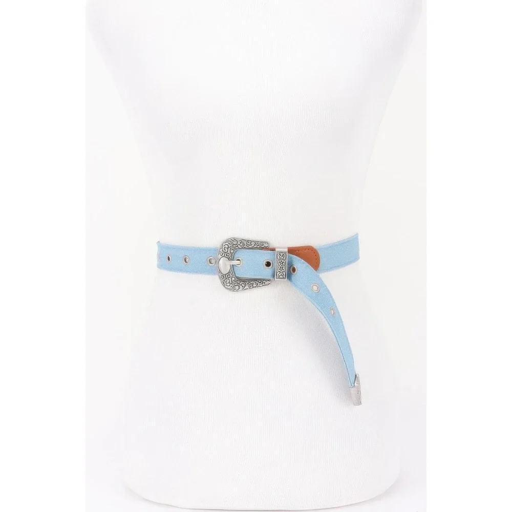 Denim Western Belt Women One Size Light Blue Engraved Buckle